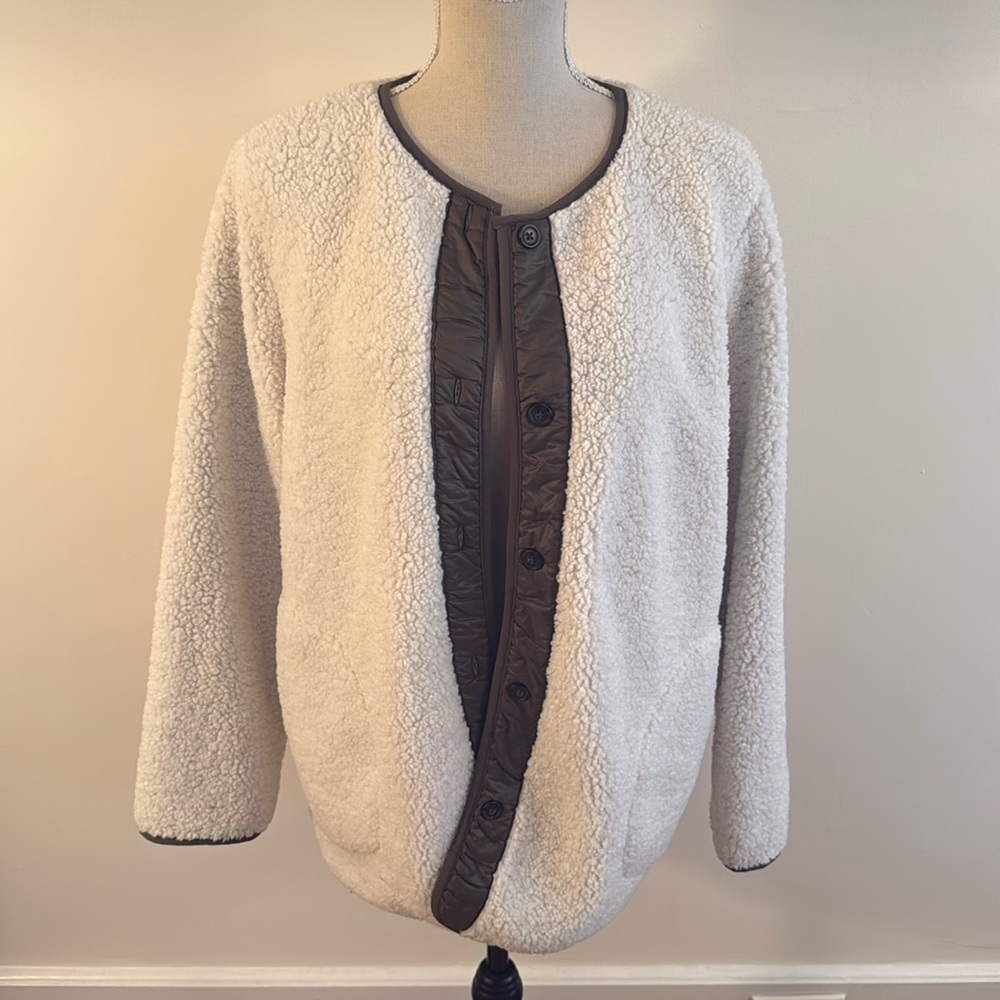 Sanctuary Arcadia Coat Button Faux Fur Fleece Sherpa Jacket Cream Green Medium